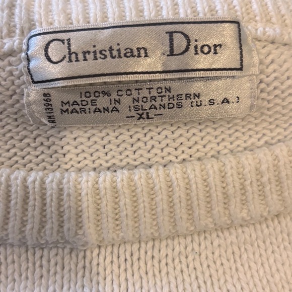 Christian Dior Vintage Colorblock Cotton Knit Sweater XL White Blue Geometric - Picture 3 of 3
